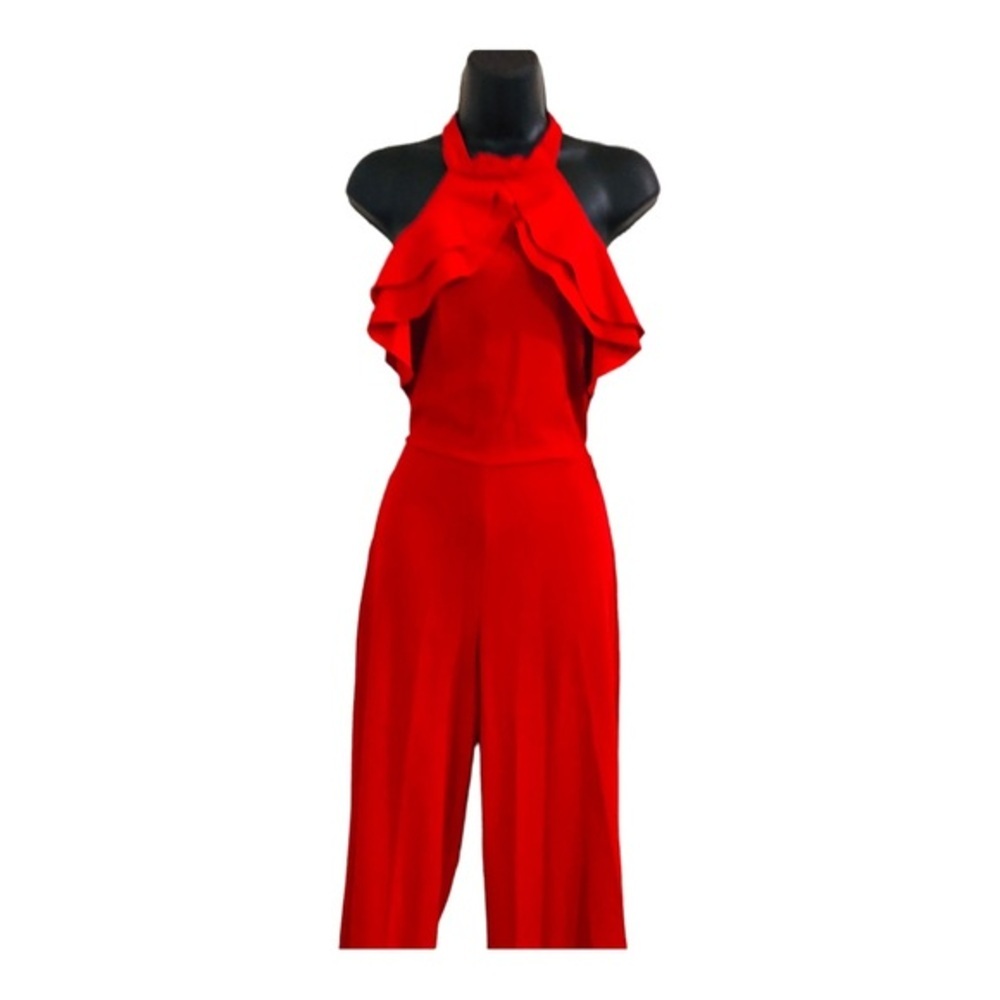 Bebe red Ruffle front belted sleeveless open back‎ Halter Jumpsuit size 2 new - Picture 12 of 15